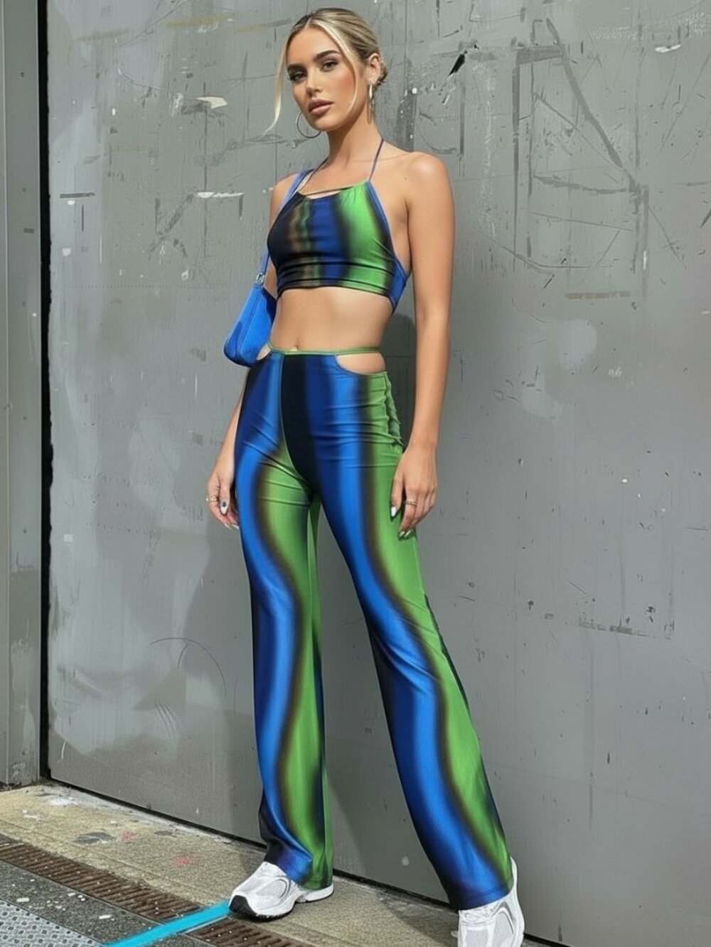 Motel Iridescent Y2K Flare Pants & Halter Top Matching Set Size L